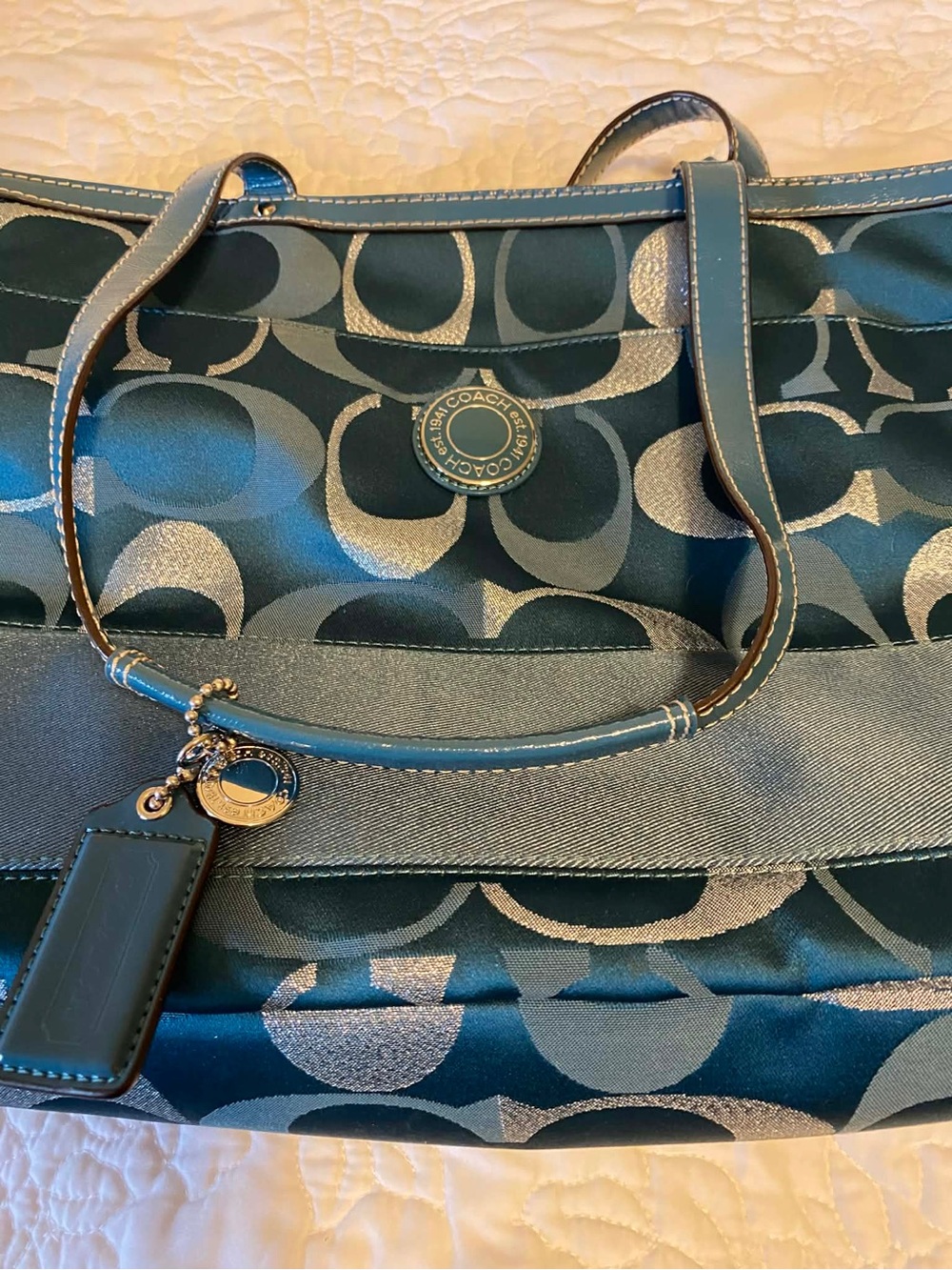 Coach Teal and Silver Signature Tote